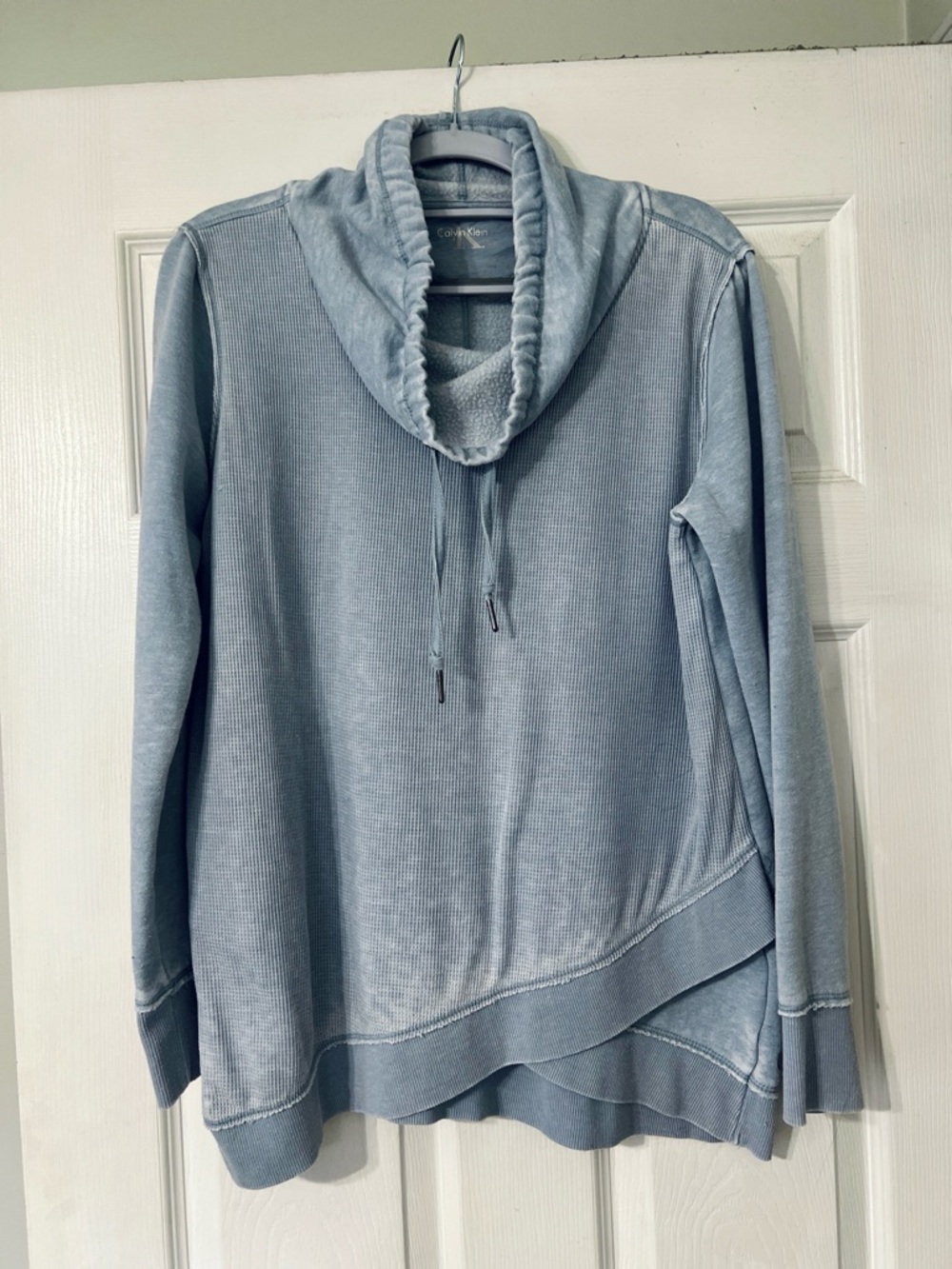 Calvin Klein Light Blue Waffle Cowl-Neck Sweatshirt.